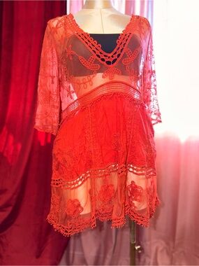 Sheer Lace Tunic Cover-Up in burnt orange 🍊